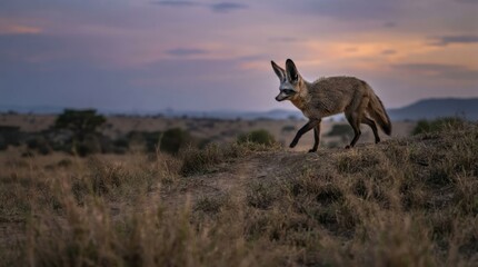 Fototapeta premium Bat-eared Fox in Savannah Dusk: A striking bat-eared fox, with its oversized ears, navigates the arid grasslands of the African savannah as twilight descends.