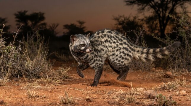 Genet in the African Savanna: A wild genet with a distinctive spotted coat cautiously moves through dry brush on a sandy terrain, with acacia trees silhouetted against a dusky sky.