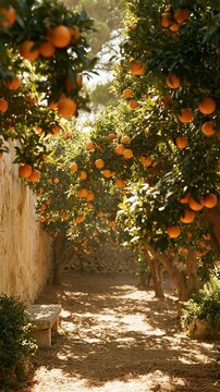 an orange grove, bathed in the warm glow of the setting sun. The trees are laden with ripe oranges, their leaves a vibrant green. The ground is covered in straw.