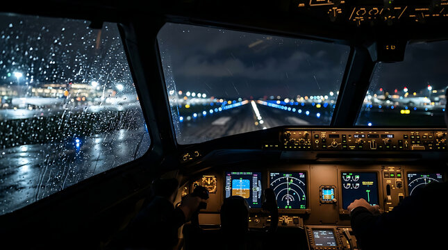 Nighttime view from an airplane cockpit cockpit illuminated with rain-streaked windows and runway lights on a dark cloudy night