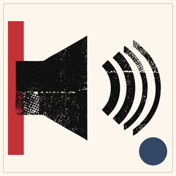 Weathered speaker glyph, aka volume horn or sound blaster symbol, in gritty stencil texture. Red bar and navy circle accent this retro broadcast, evoking vintage print and poster aest