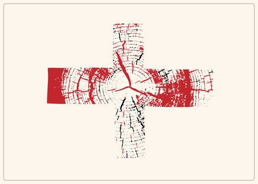 "A distressed, the Helvetian flag emblem, rendered from a felled log section with growth rings and bark cracks. Red and black grunge texture gives a rugged, stamped look."