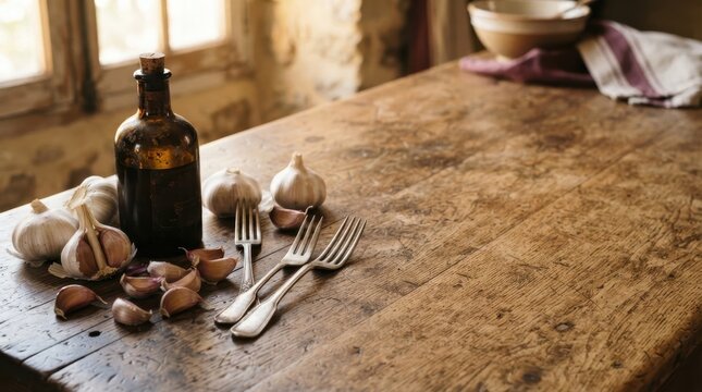 Rustic Garlic Setting: A still life arrangement featuring a vintage glass bottle, fresh garlic bulbs, and two forks rests on a weathered wooden table.