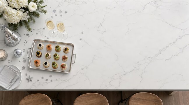 New Year party tray on marble island with copy space