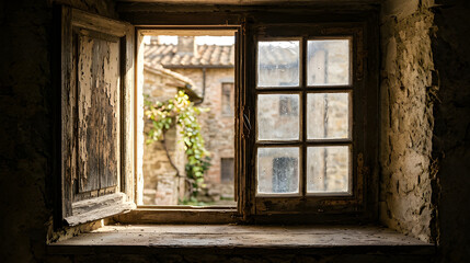 Obraz premium Abandoned window with ivy growth and peeling paint in old rustic building interior