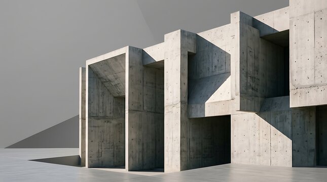 Low Angle View of a Modern Concrete Facade Featuring Sharp Geometric Shadows