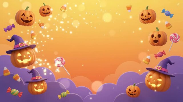 Vibrant cute Halloween background featuring 3D Jack-o'-lantern pumpkins in witch hats, sweets, and magical sparkling particles. 