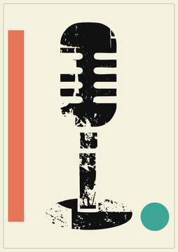 "Retro broadcast mic as distressed black stencil the classic crooners and radio announcers tool. Grunge texture and flat shapes give this old school shure style mic a bold, worn poster feel."