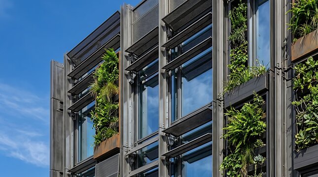 Futuristic Building Facade with Vertical Gardens and Metallic Structures