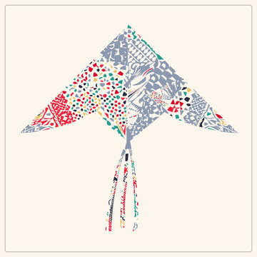 Traditional patchwork kite, aka patang or guddy, soars with split wing folk collage in red, teal, slate and mustard. Its tailed flyer design suits festive seasonal graphics and playful decor.