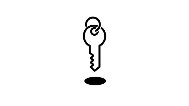 Single key icon suspended above a small oval shadow shape representing a dropped or placed key resting quietly on a flat surface shown clearly here