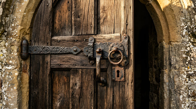 Ajar rustic wooden door with antique iron hardware set in a weathered stone wall