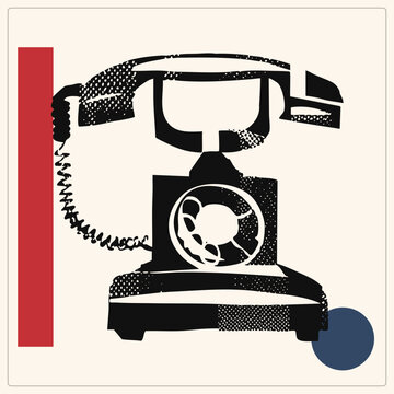 Old school candlestick desk phone as chunky black halftone silhouette. Rotary dialer with coiled cord, stipple shading, and bold geometric accents.