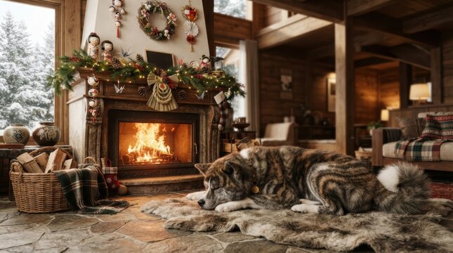 Cozy Christmas Cabin with Dog by Fireplace: A dog rests on a rug in a warmly lit cabin decorated for Christmas, with a fire blazing in the hearth and snow visible outside the window.