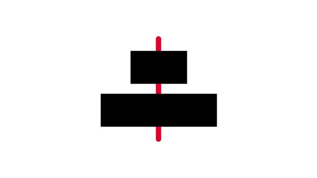 Centered bar chart icon featuring a vertical red divider line that splits two stacked horizontal black rectangles evenly apart from the exact center
