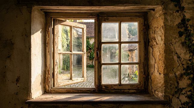 Open wooden window frame looking out onto a rustic stone courtyard in sunlight