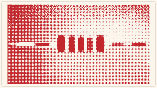 "A retro halftone composition of ben day dots, with bold morse code dashes and dots pressed into a red stippled field. This vintage print style graphic evokes telegraph and risograph presswork