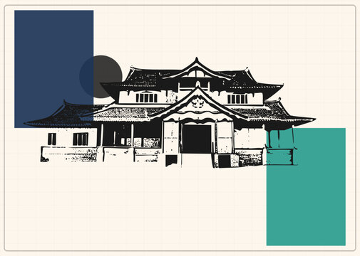 Traditional Japanese temple in distressed ink stamp style, a heritage with layered tiled roofs. The historic shiro manor sits over bold navy and teal blocks, blending old craft with mode