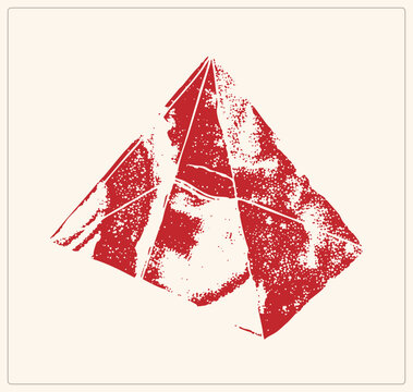 Weathered in rough stencil style, speckled ink texture on faceted triangular faces. The ancient tomb monument, sometimes called a ziggurat or burial mound, shows cracked grunge edges in bold c