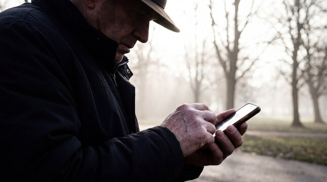 Senior man focusing on a smartphone screen, interacting with digital content and applications in a park setting, symbolizing connectivity, aging, and technology adoption