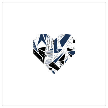 Patchwork heart symbol built from shattered triangles, doodle scribbles and stripes. This broken ticker in navy, black and white blends collage and scrawl textures into an edgy modern love motif.