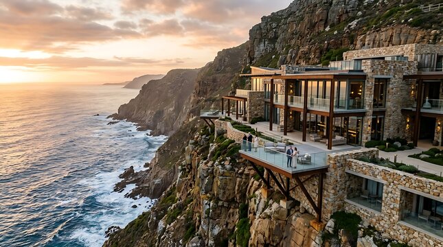 Luxury Modern Villa Built Into Rocky Coastal Cliffs at Sunset Viewpoint
