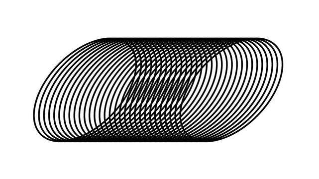 Twisted looped ribbon illustration rendered horizontally using many thin black concentric lines forming an elongated infinite band shape concept here