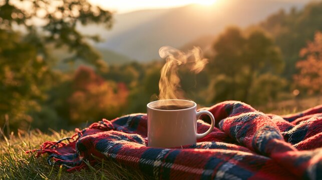 a warm glow over the landscape. A white mug filled with steaming hot beverage sits on a vibrant red and blue plaid blanket. The blankets texture is soft and inviting.