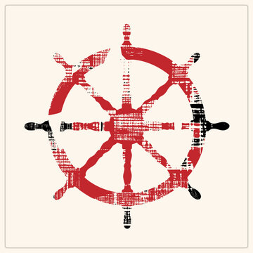 Weathered ship wheel, the classic helm or deadmans wheel, rendered in distressed stamp style with red and black ink. Nautical grunge silhouette ideal for maritime themes.