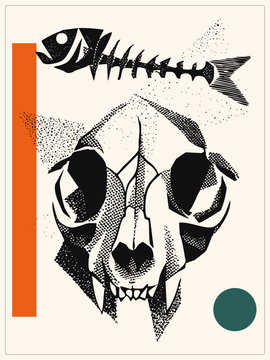 , often called a kitty skull or cat skeleton head, rendered in gritty halftone stipple. Above it floats a fish bone, also known as a fish skeleton, beside bold orange and teal accents.