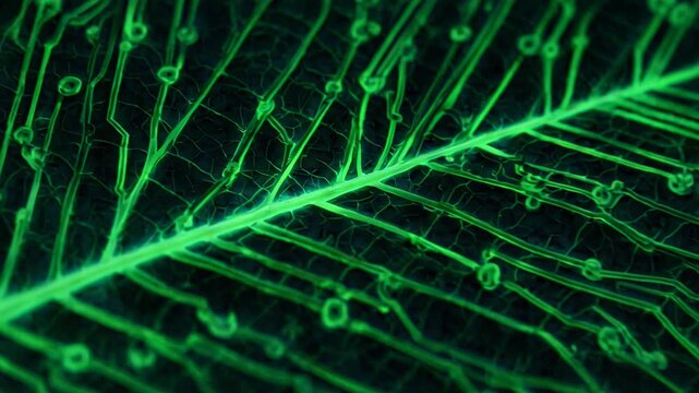 Luminous skeleton leaf veins glowing green with subtle water droplets in cinematic close-up