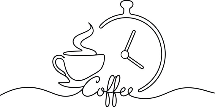 Coffee Cup and Clock Line Art Vector Illustration Cafe Time Morning Beverage Design.