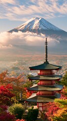 Fototapeta premium a traditional Japanese pagoda nestled amidst autumn foliage. The pagoda, with its vibrant red and green roof, stands tall against a backdrop of a snowcapped mountain.