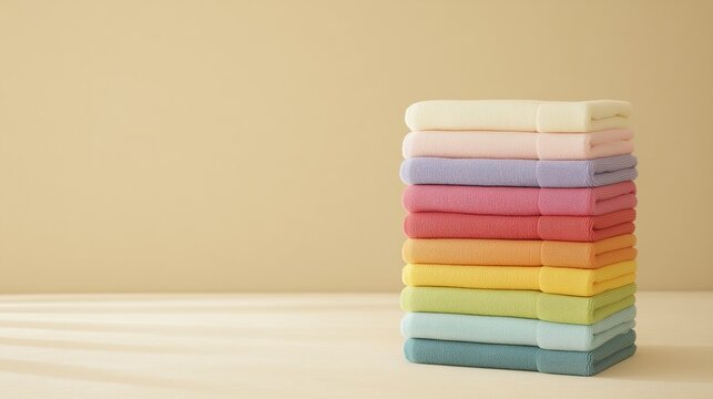 Minimal stack of soft towels in a rainbow palette with soft shadows