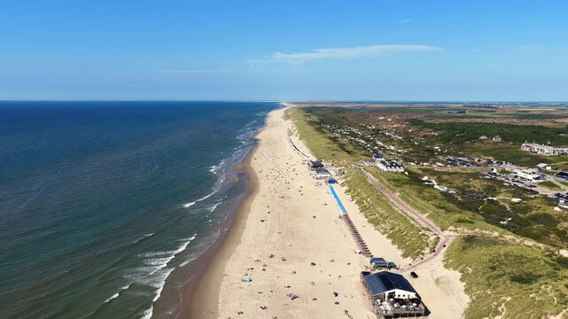 Aerial view of the beach and dunes in De Koog, Netherlands.