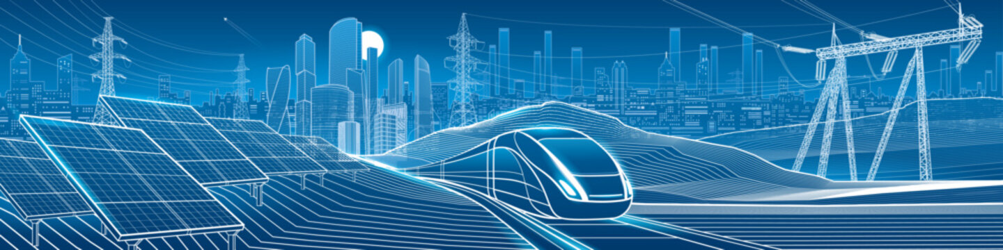 Futuristic smart city panorama with high speed train, solar panels, power lines and modern skyline. Sustainable energy and transportation concept featuring renewable technology, electric infrastructur
