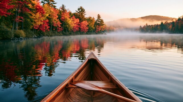 a tranquil lakeside scene. The main subject is a wooden canoe with a wooden oar, positioned in the foreground. The canoes smooth, polished surface reflects the surrounding trees vibrant red, orange.