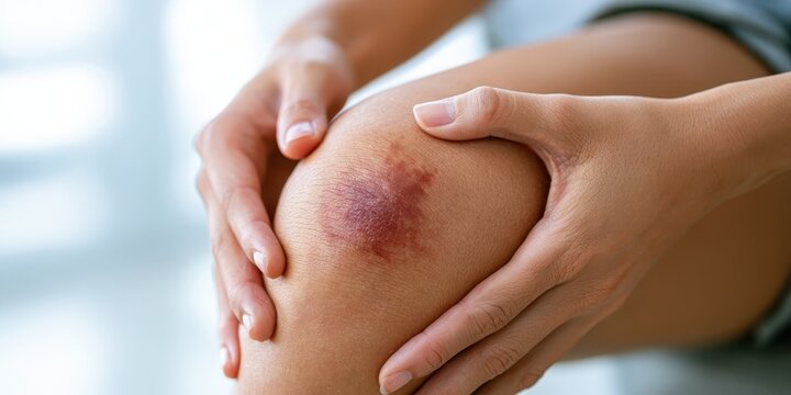 Person holding injured knee with large purple bruise and hematoma after painful accident. Close up view on leg contusion for sports medicine article, healthcare insurance or pain relief ointment ad.