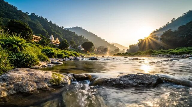 Tranquil Flowing River in a Lush Valley with Temples at Sunrise Under a Clear Blue Sky