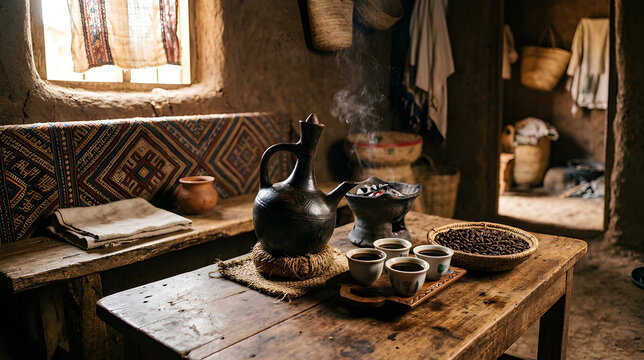 Traditional Ethiopian coffee ceremony with clay jebena and cups on wooden table