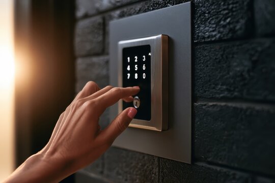 Woman hand entering pin code on digital touch keypad intercom for secure access. Modern smart home security. Electronic door lock technology. Office entrance. Keyless Systems. Access Control concept.