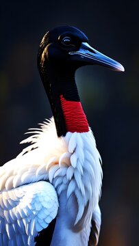 Photography of a majestic crane bird with striking red neck and black head, fine art nature aesthetic.