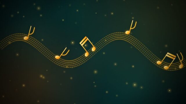 Golden Music Notes Floating on Wavy Musical Staff Animation with Glowing Particles on Dark Background