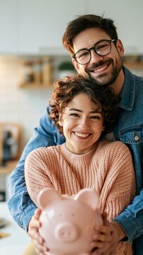 a man and a woman in a home setting. The woman, wearing a peachcolored sweater, holds a pink piggy bank in her hands. The man, with a beard and glasses, wears a denim jacket.