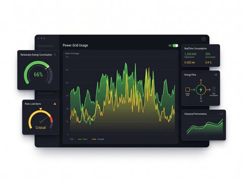 Power grid usage dashboard interface with energy consumption metrics
