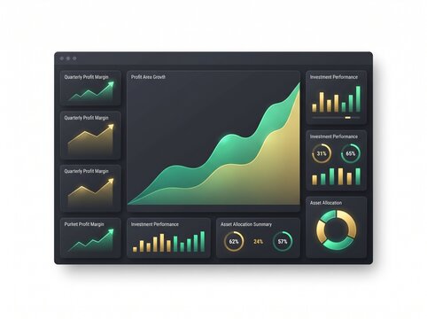 Dark financial dashboard interface template with stock market graphs