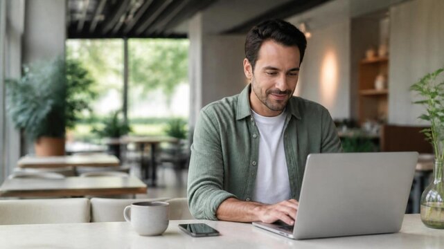 Smiling man working on laptop at cafe table with coffee and smartphone