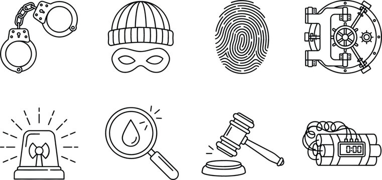 Crime justice justice system law enforcement line icons set featuring handcuffs thief fingerprint vault siren forensics gavel dynamite vector