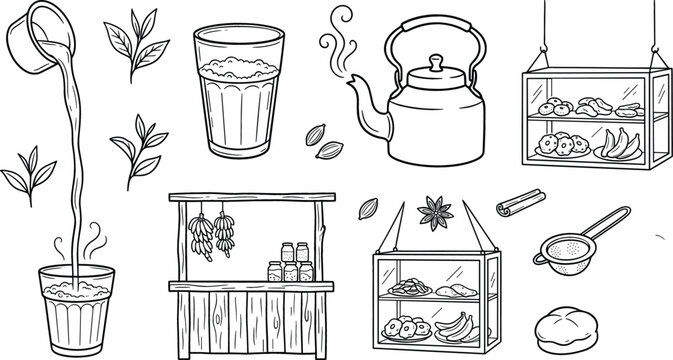 Traditional Indian masala chai tea stall line icons set featuring pouring milk glass kettle spices snacks bakery vector