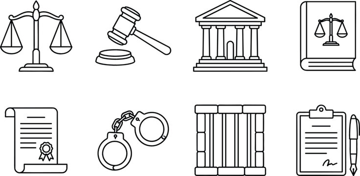Law and justice legal system line icons set featuring balance scale gavel courthouse law book handcuffs prison vector